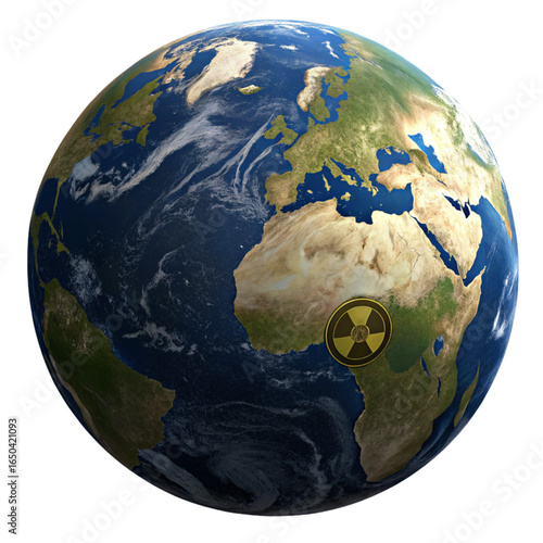 Global radiation hazard warning symbol on planet Earth, signifying environmental danger and planetary crisis