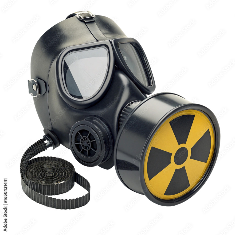 Professional gas mask with radiation symbol, ready for hazardous environments and safety preparedness Professional gas mask with radiation symbol, ready for hazardous environments and safety preparedness