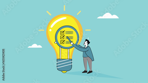researching business ideas, market research for business idea success, Business idea viability checking, businessman with magnifier analyze business light bulb idea concept vector illustration