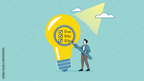 researching business ideas, market research for business idea success, Business idea viability checking, businessman with magnifier analyze business light bulb idea concept vector illustration