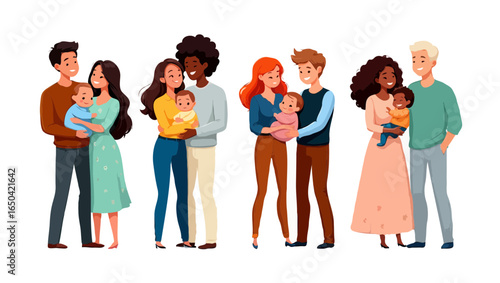 Diverse families holding their babies together in a heartwarming illustration