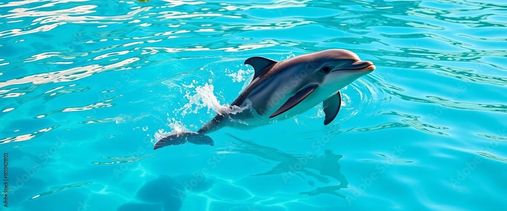 Fototapeta premium Dolphin playfully leaps from water, sunny marine park, afternoon, leap