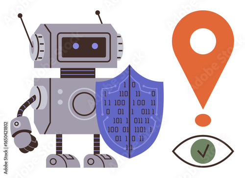 Robot holding a shield with binary code, orange location marker, and eye symbol with checkmark. Ideal for cybersecurity, AI ethics, trust, transparency, safety technology and protection. Simple