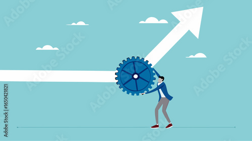 change business management, businessman turn gear cog to manage change direction arrows, professional or expertise to manage company transformation or implement new process concept vector illustration