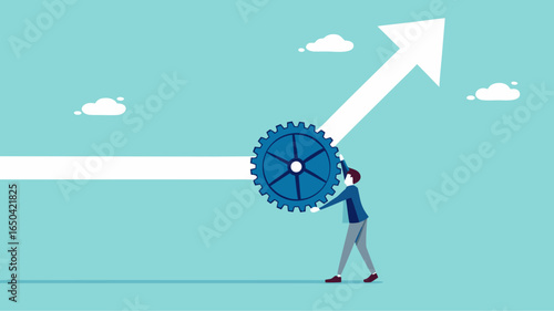 change business management, businessman turn gear cog to manage change direction arrows, professional or expertise to manage company transformation or implement new process concept vector illustration