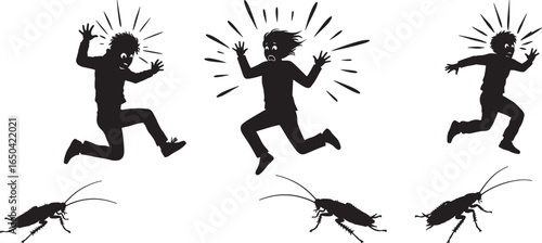People jumping in shock and fear from cockroaches in a striking silhouette style