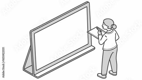 Woman writing on large display screen presentation board for business meeting or education training session