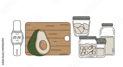 Modern food preparation concept with avocado on a cutting board, preserved goods in glassware, and a smartwatch for timing