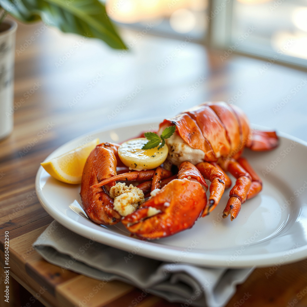 Caribbean lobster, split and grilled with garlic butter, white plate, tropical styling Caribbean lobster, split and grilled with garlic butter, white plate, tropical styling