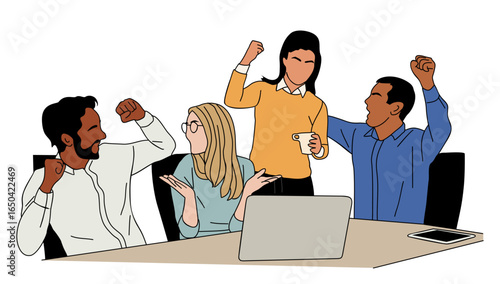 Excited business men and women celebrating success with their hands up. Business team work concept. Modern vector colored outline drawing for graphic, web design. Isolated