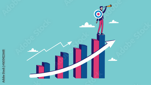 growth to achieve goals or career success, business growth on target concept, success step to reach goal, businessman standing on top of business growth chart while carrying dart boards