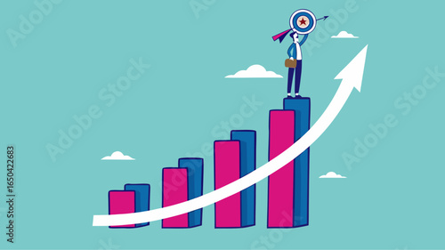 growth to achieve goals or career success, business growth on target concept, success step to reach goal, businessman standing on top of business growth chart while carrying dart boards