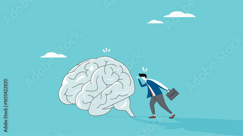 broken brain concept vector illustration, brain damage caused by pornography or PMO, depressed businessman can't concentrate on work because his brain is damaged