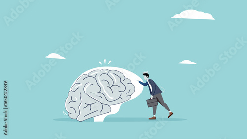 broken brain concept vector illustration, brain damage caused by pornography or PMO, depressed businessman can't concentrate on work because his brain is damaged