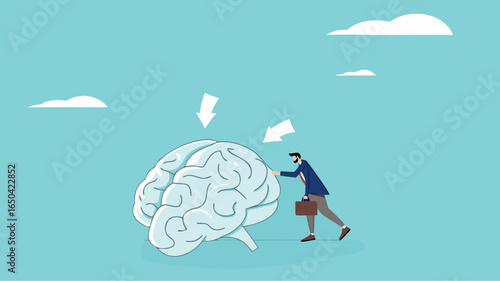 broken brain concept vector illustration, brain damage caused by pornography or PMO, depressed businessman can't concentrate on work because his brain is damaged
