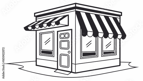 Vector illustration of a small business storefront with awning and windows line art for design projects