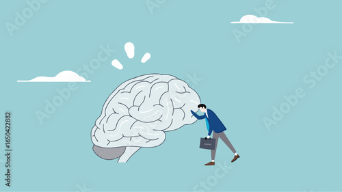 broken brain concept vector illustration, brain damage caused by pornography or PMO, depressed businessman can't concentrate on work because his brain is damaged