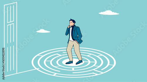 businessman standing in the middle of the maze thinking looking for a way out, problem solving concept, business people with maze puzzle, looking for solution or innovation in solving business problem