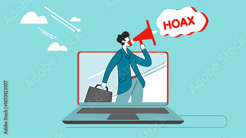 businessman using megaphone conveying fake news or hoax on computer laptop, hoax or fake news illustration, misleading information from social media that creates misunderstandings