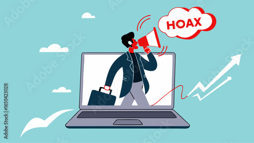 businessman using megaphone conveying fake news or hoax on computer laptop, hoax or fake news illustration, misleading information from social media that creates misunderstandings