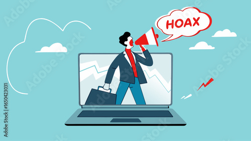 businessman using megaphone conveying fake news or hoax on computer laptop, hoax or fake news illustration, misleading information from social media that creates misunderstandings