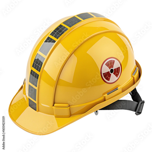 Innovative yellow hard hat with solar panels and radiation symbol for advanced safety gear