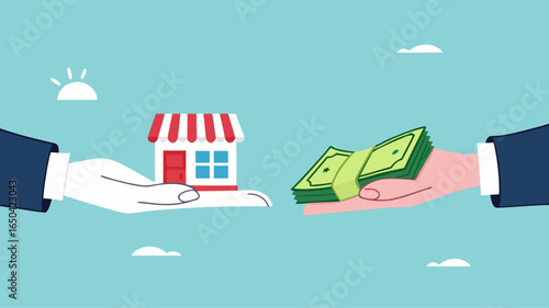 company buyout, selling company offer or merger, acquisition agreement or take over, franchise business concept, businessman offering money to buy a company or franchise business concept illustration