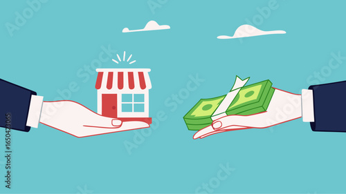 company buyout, selling company offer or merger, acquisition agreement or take over, franchise business concept, businessman offering money to buy a company or franchise business concept illustration