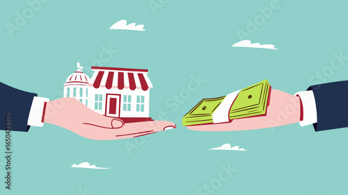 company buyout, selling company offer or merger, acquisition agreement or take over, franchise business concept, businessman offering money to buy a company or franchise business concept illustration
