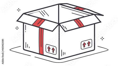 Open cardboard box package delivery with red tape and arrows shipping container for moving supplies concept
