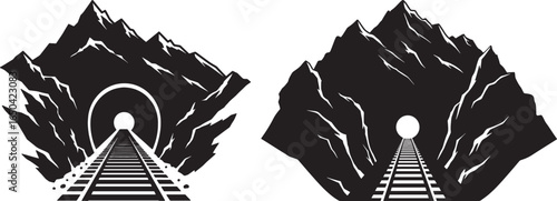 Two black and white mountain tunnel entrances with train tracks leading into the darkness silhouette