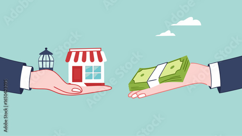 company buyout, selling company offer or merger, acquisition agreement or take over, franchise business concept, businessman offering money to buy a company or franchise business concept illustration