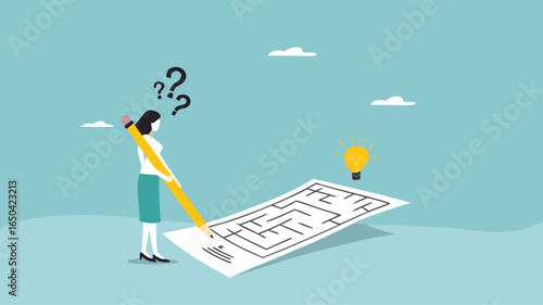 problem solving, businesswoman solving a labyrinth puzzle to get a solution, business people with maze puzzle, logical thinking to solve problem, creative strategy looking for way to success