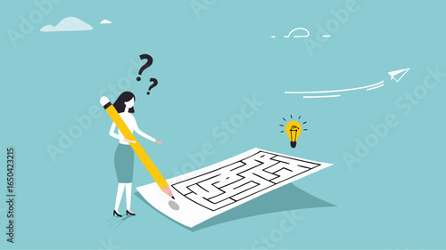 problem solving, businesswoman solving a labyrinth puzzle to get a solution, business people with maze puzzle, logical thinking to solve problem, creative strategy looking for way to success