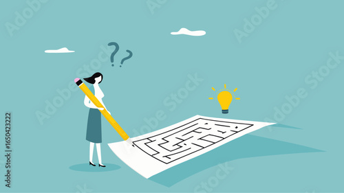 problem solving, businesswoman solving a labyrinth puzzle to get a solution, business people with maze puzzle, logical thinking to solve problem, creative strategy looking for way to success