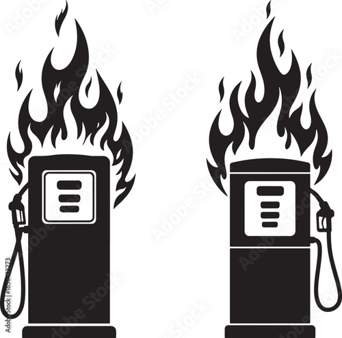Two black silhouettes of gas pumps with flames erupting from the top