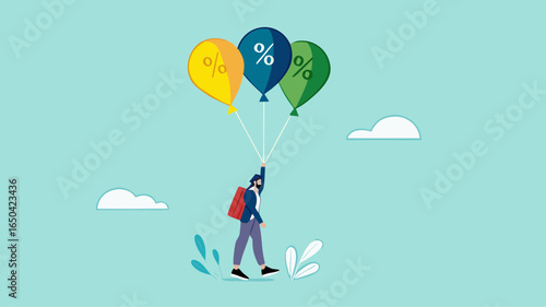 return on investment or dividend leads to financial freedom, compound interest growth on capital, successful investment strategy, businessman flying using balloon with dollar icon and growth graph