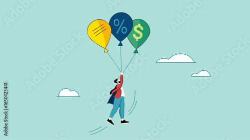return on investment or dividend leads to financial freedom, compound interest growth on capital, successful investment strategy, businessman flying using balloon with dollar icon and growth graph