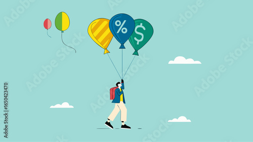 return on investment or dividend leads to financial freedom, compound interest growth on capital, successful investment strategy, businessman flying using balloon with dollar icon and growth graph