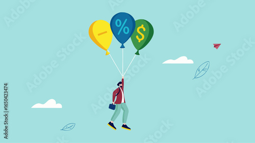return on investment or dividend leads to financial freedom, compound interest growth on capital, successful investment strategy, businessman flying using balloon with dollar icon and growth graph