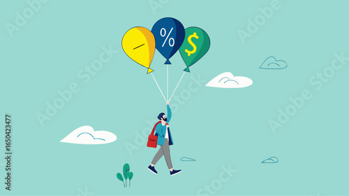 return on investment or dividend leads to financial freedom, compound interest growth on capital, successful investment strategy, businessman flying using balloon with dollar icon and growth graph