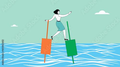 try new opportunities in business investment, navigating stock market volatility, make a decision to buy shares, profitable business, woman investor moves to buoy from growing investment bar chart