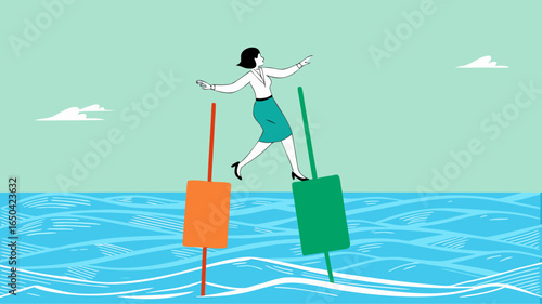 try new opportunities in business investment, navigating stock market volatility, make a decision to buy shares, profitable business, woman investor moves to buoy from growing investment bar chart