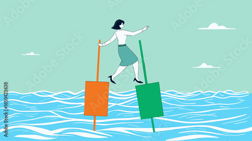 try new opportunities in business investment, navigating stock market volatility, make a decision to buy shares, profitable business, woman investor moves to buoy from growing investment bar chart