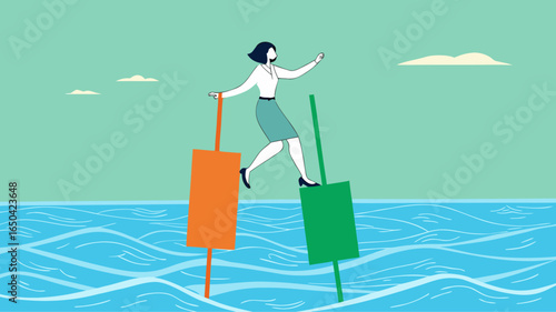 try new opportunities in business investment, navigating stock market volatility, make a decision to buy shares, profitable business, woman investor moves to buoy from growing investment bar chart