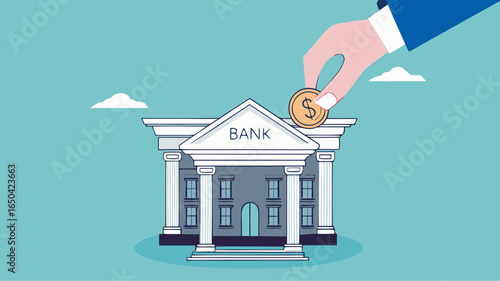 deposit money in a bank vector illustration, object financial investment, cash deposit to the bank, profit in crease concept, businessman hand putting golden coin into bank building concept design
