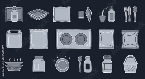 Clean flat design vector icons illustrating a range of food packaging, disposable containers, and meal service utensils for modern culinary needs
