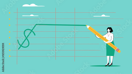 stock price rising up, business woman draws a graph of rising stock prices with a pencil concept vector illustration