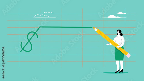 stock price rising up, business woman draws a graph of rising stock prices with a pencil concept vector illustration