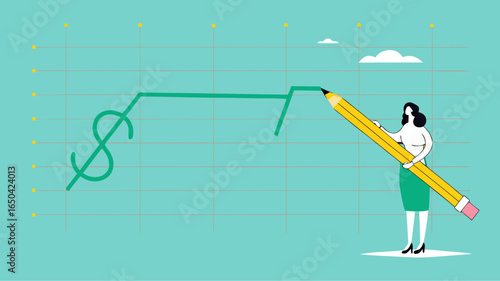 stock price rising up, business woman draws a graph of rising stock prices with a pencil concept vector illustration